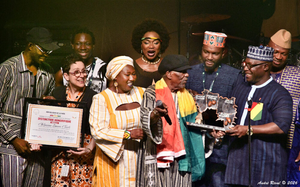 Honoring Lamine Touré on July 11. Front row: Willy, Rousseau, Djely Tapa, Touré. Center: Oumou Sangaré. And representatives of the Guinean government.
