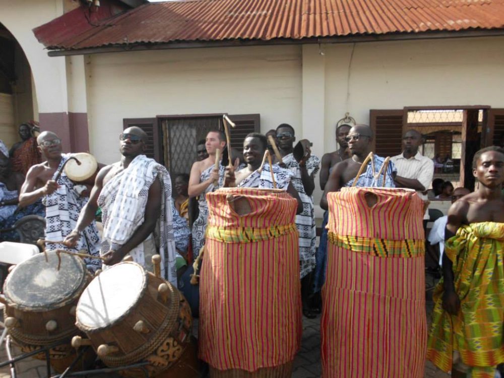 Attah & Ben playing Asante Fontomfrom drums at the Asante King's palace in Kumasi
